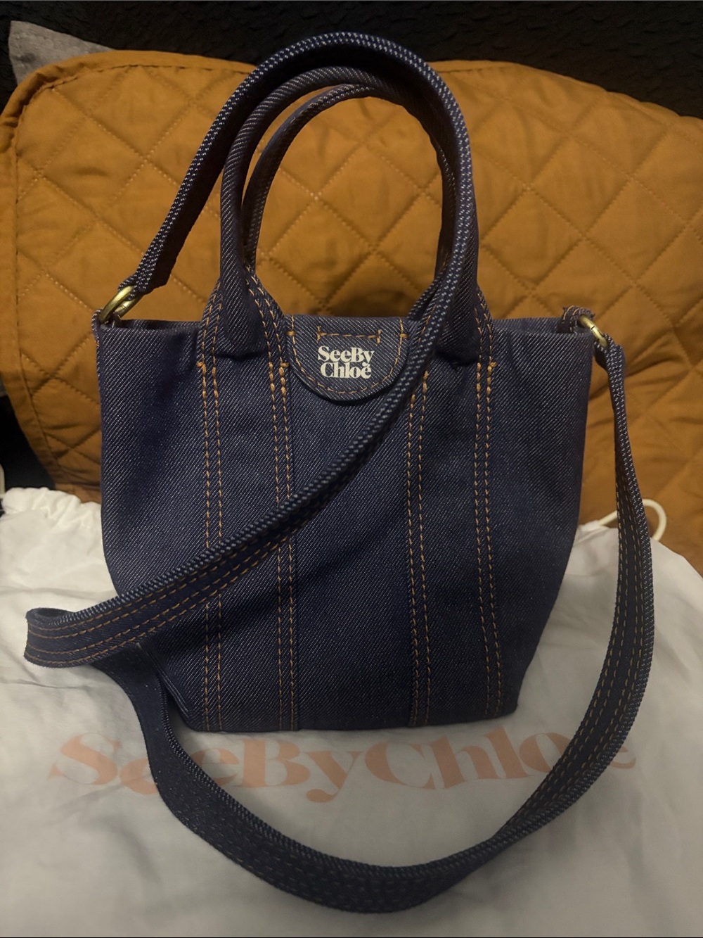 See By Chloe Navy Denim Mini Tote with Contrast Stitching